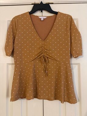LC Lauren Conrad Mustard Polka Dot Ruched V-Neck Peplum Top